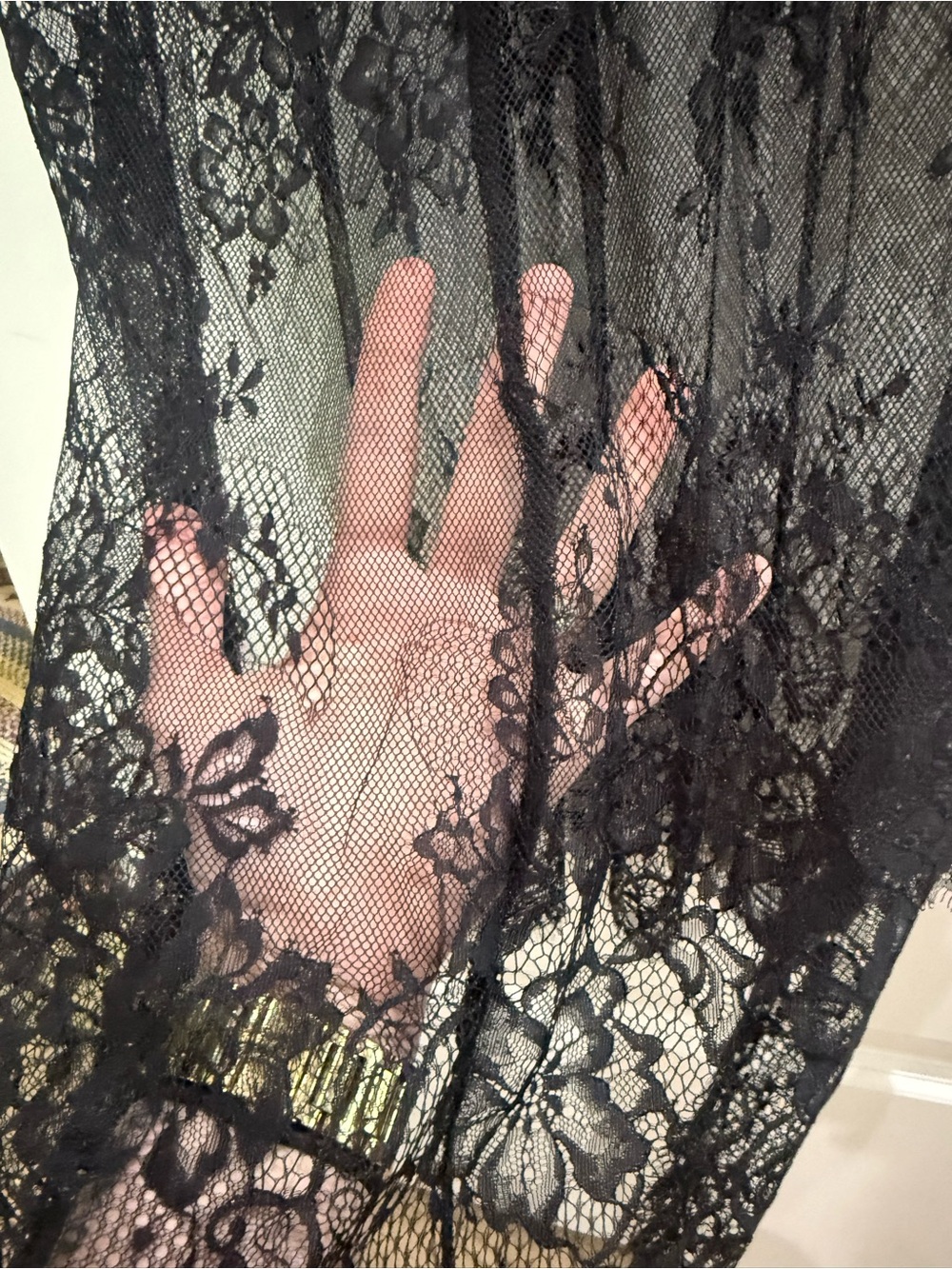 Black Short-Sleeve Dress with Sheer Lace Hem - Picture 5 of 8